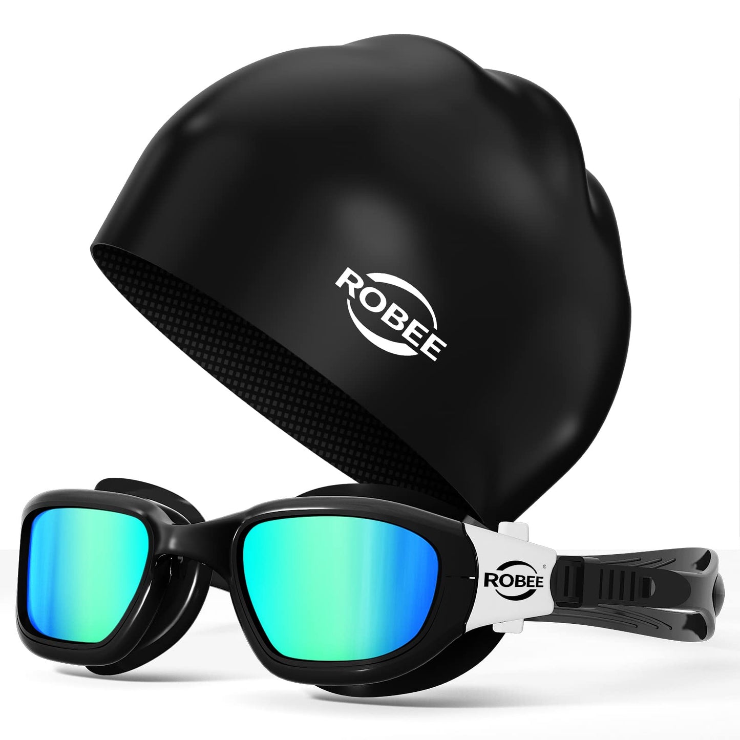 Robee Swim Goggles, Swimming Cap and Goggles Case, Polarized Swimming Goggles Silicone Cap for Adult Men Women