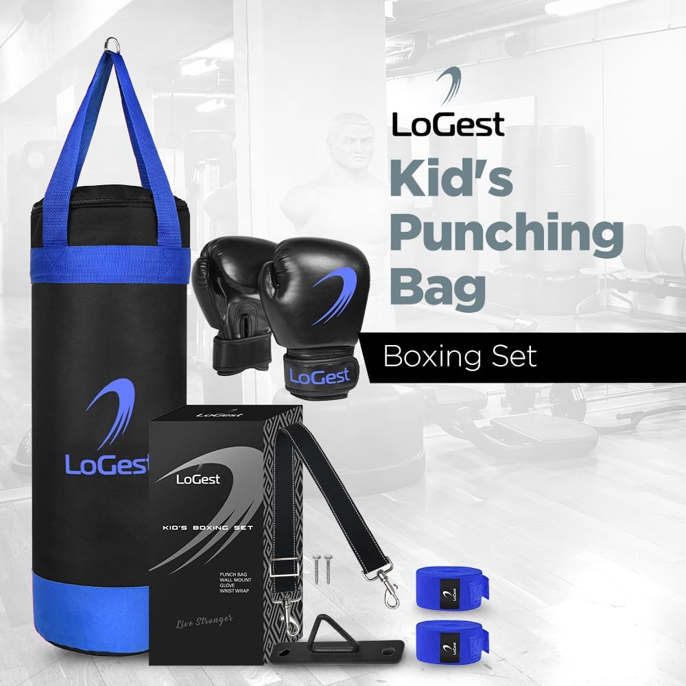 LoGest Punching Bag for Kids Boxing Set - Suitable for Kids Punching Bags 3-8 Years of Age - Boxing Gloves & Hand Wraps Included - Youth Children Boxing MMA Kickboxing Muay Thai Karate Punching Bag