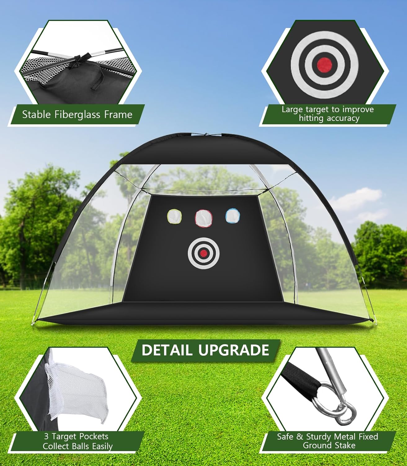 Golf Net, 10x7ft Practice Net with Tri-Turf Mat, All-in-1 Home Golf Hitting Aid for Backyard Driving Chipping Swing Training, Black