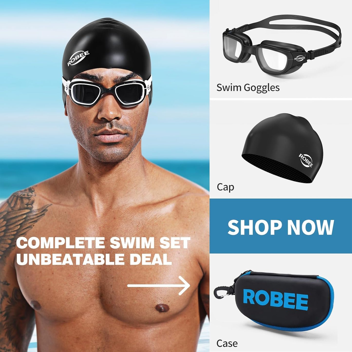 Robee Swim Goggles, Swimming Cap and Goggles Case, Polarized Swimming Goggles Silicone Cap for Adult Men Women