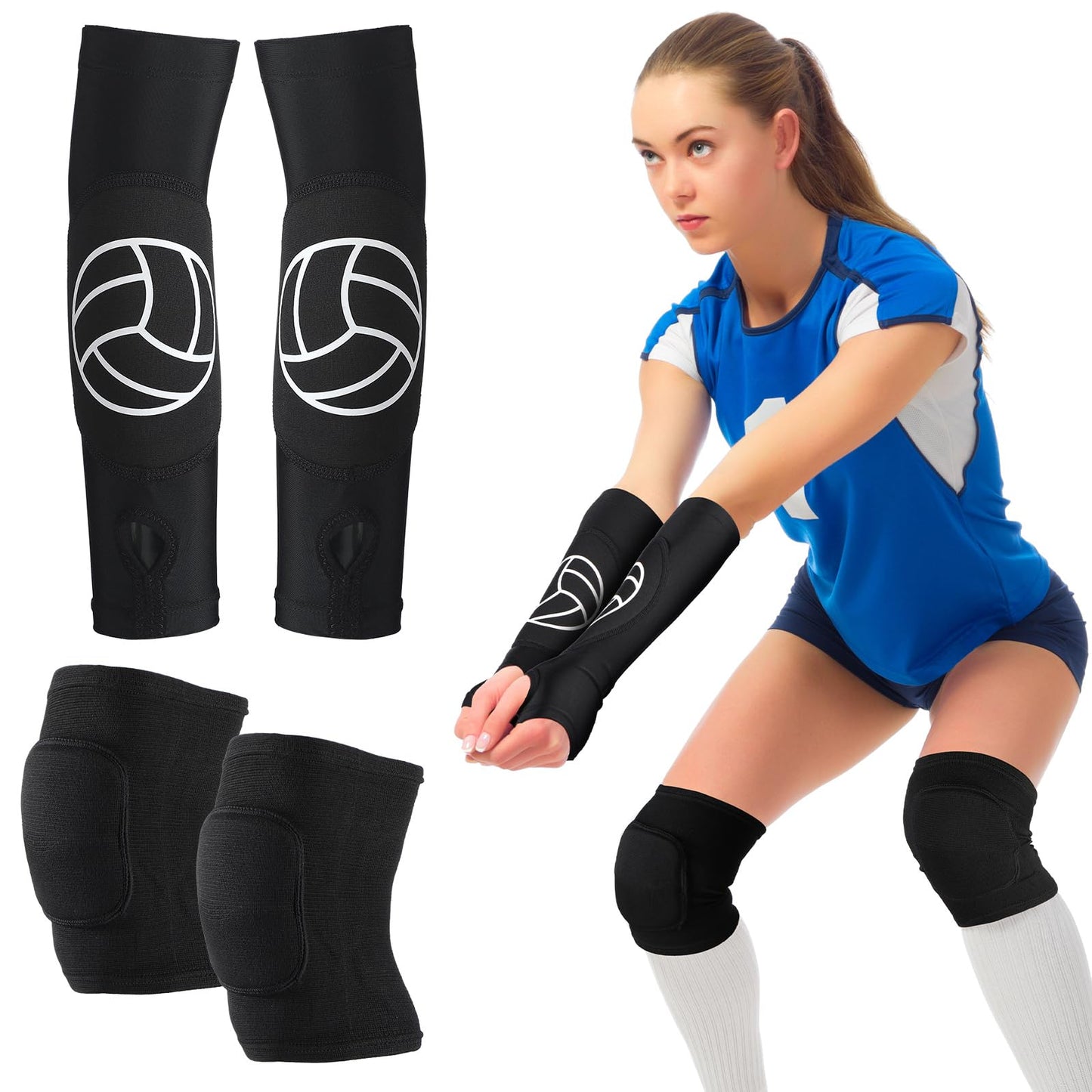 Hungdao Volleyball Knee Pads and Volleyball Arm Sleeves Volleyball Pads Forearm Elbow Sleeve Volleyball Train Accessories with Protection Pad Thumb Hole for Girl Women Youth Teen, Age 8-14