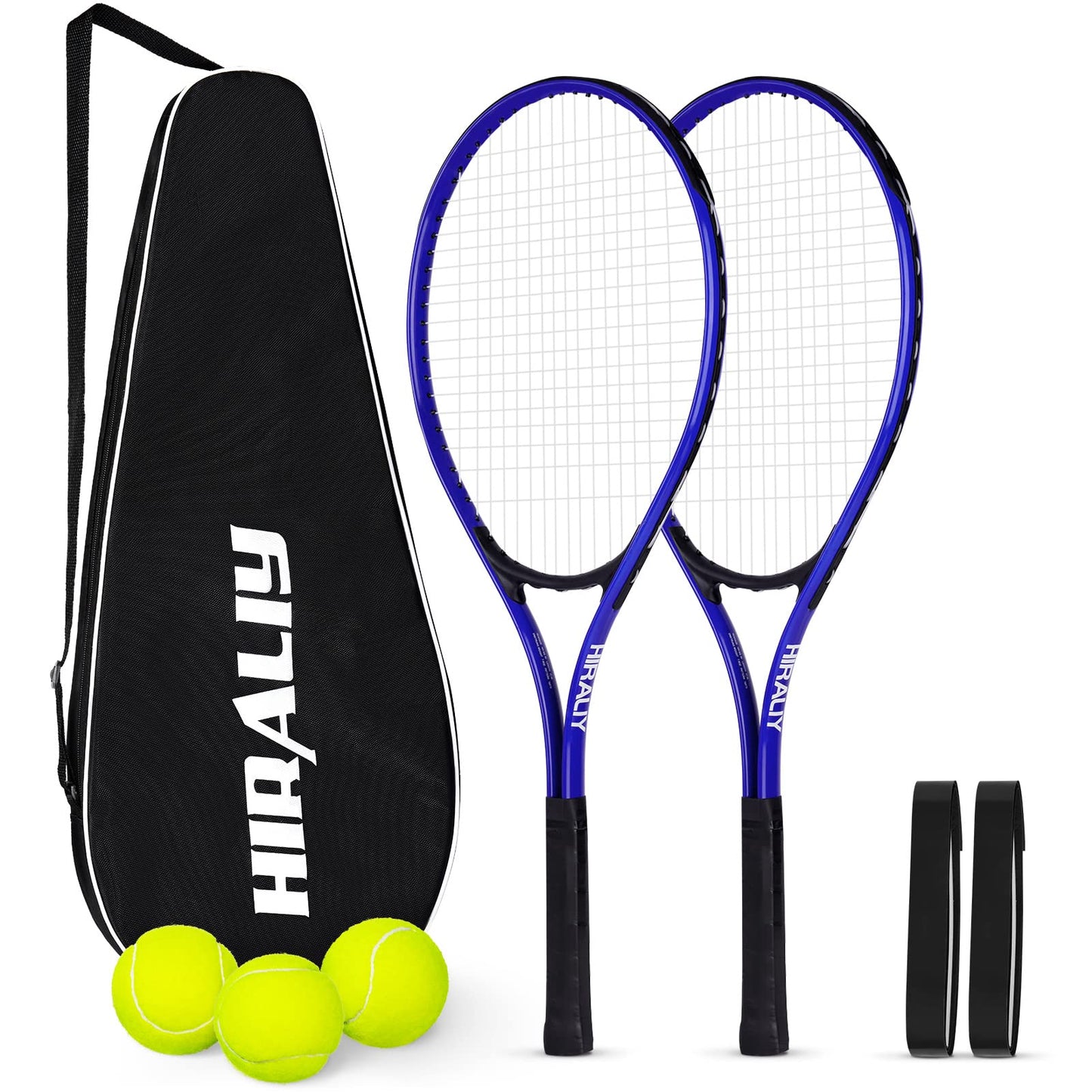 HIRALIY 27" Tennis Rackets Set for Adults, 2 Player Pre-Strung Tennis Racquets, 2 Overgrip Tapes,3 Balls, and 4 Carrying Bag, Outdoor Recreational Sport for Beginner, Men, Women