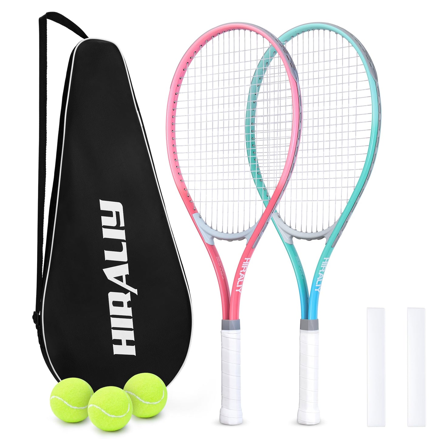 HIRALIY 27" Tennis Rackets Set for Adults, 2 Player Pre-Strung Tennis Racquets, 2 Overgrip Tapes,3 Balls, and 4 Carrying Bag, Outdoor Recreational Sport for Beginner, Men, Women