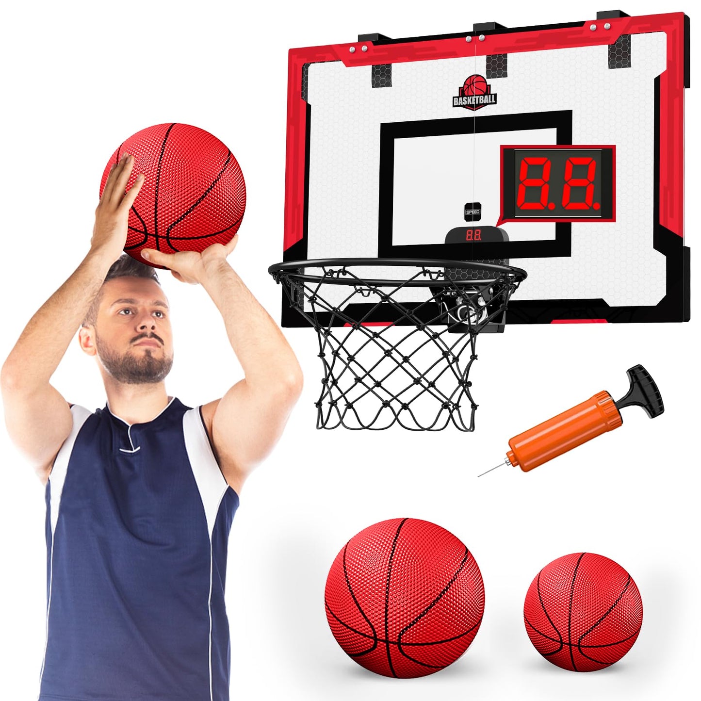 24" x 16" Large Basketball Hoop Indoor for Adults, Over The Door Basketball Hoop with Sturdy Backboard, Big Basketball Toys Gifts Ideas for Man Kids Teens Boys Girls, Black