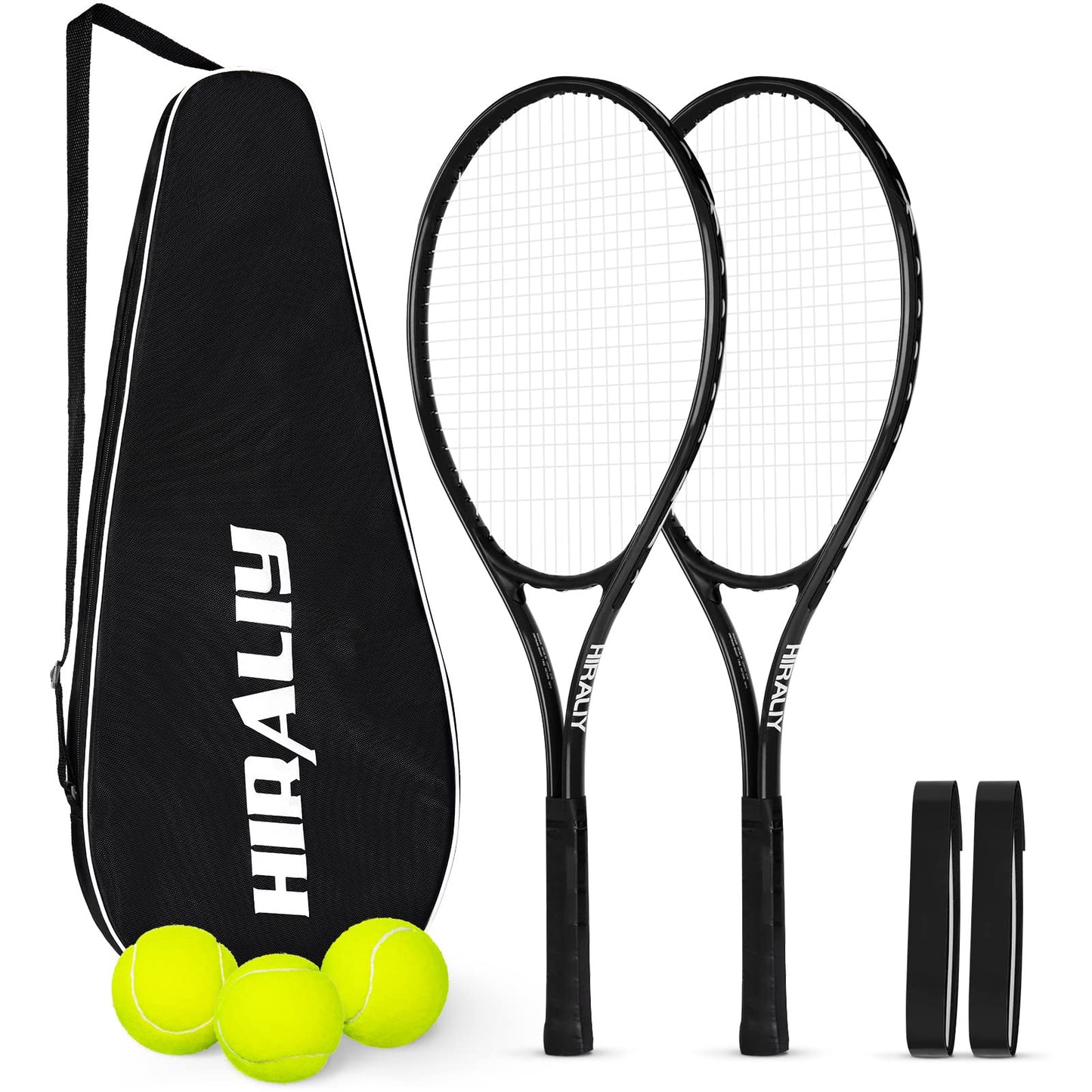 HIRALIY 27" Tennis Rackets Set for Adults, 2 Player Pre-Strung Tennis Racquets, 2 Overgrip Tapes,3 Balls, and 4 Carrying Bag, Outdoor Recreational Sport for Beginner, Men, Women