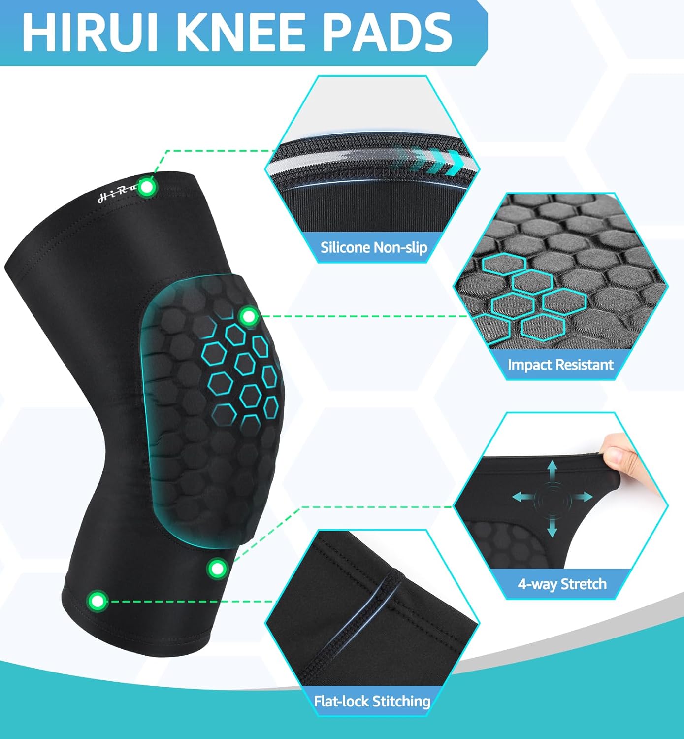HiRui Knee Pads for Kids Youth Adult, Basketball Baseball Knee Brace Knee Support, Collision Avoidance Kneepad Compression Knee Sleeve for Volleyball Football Cycling Running-1Pair (Black, L)