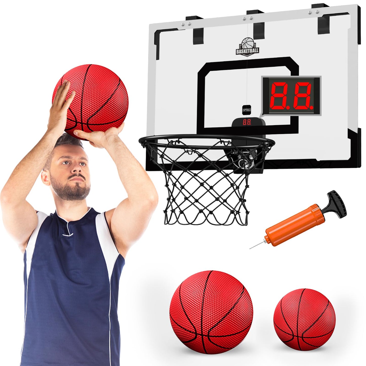 24" x 16" Large Basketball Hoop Indoor for Adults, Over The Door Basketball Hoop with Sturdy Backboard, Big Basketball Toys Gifts Ideas for Man Kids Teens Boys Girls, Black