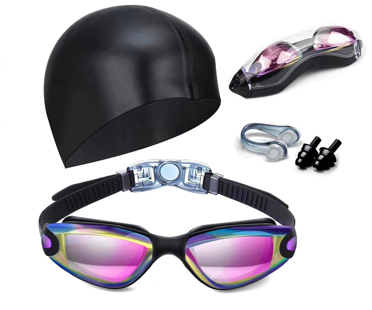 Swim Goggles Swimming Goggles No Leaking with Nose Clip, Earplugs, Swim Cap and Case for Men Women
