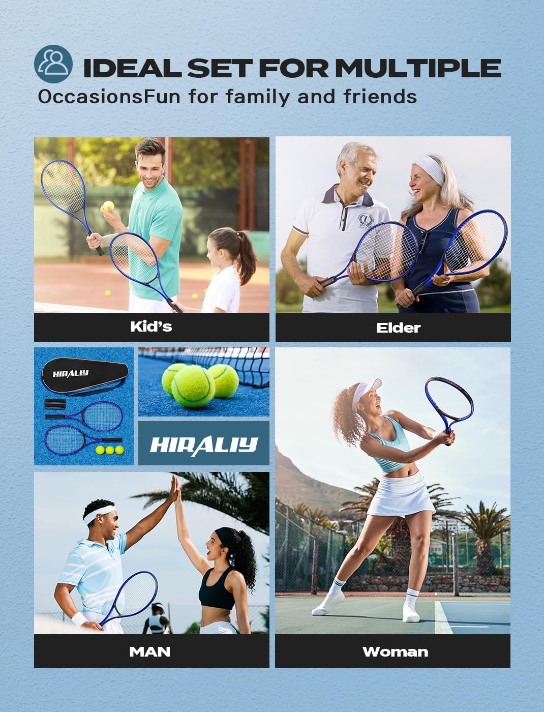 HIRALIY 27" Tennis Rackets Set for Adults, 2 Player Pre-Strung Tennis Racquets, 2 Overgrip Tapes,3 Balls, and 4 Carrying Bag, Outdoor Recreational Sport for Beginner, Men, Women