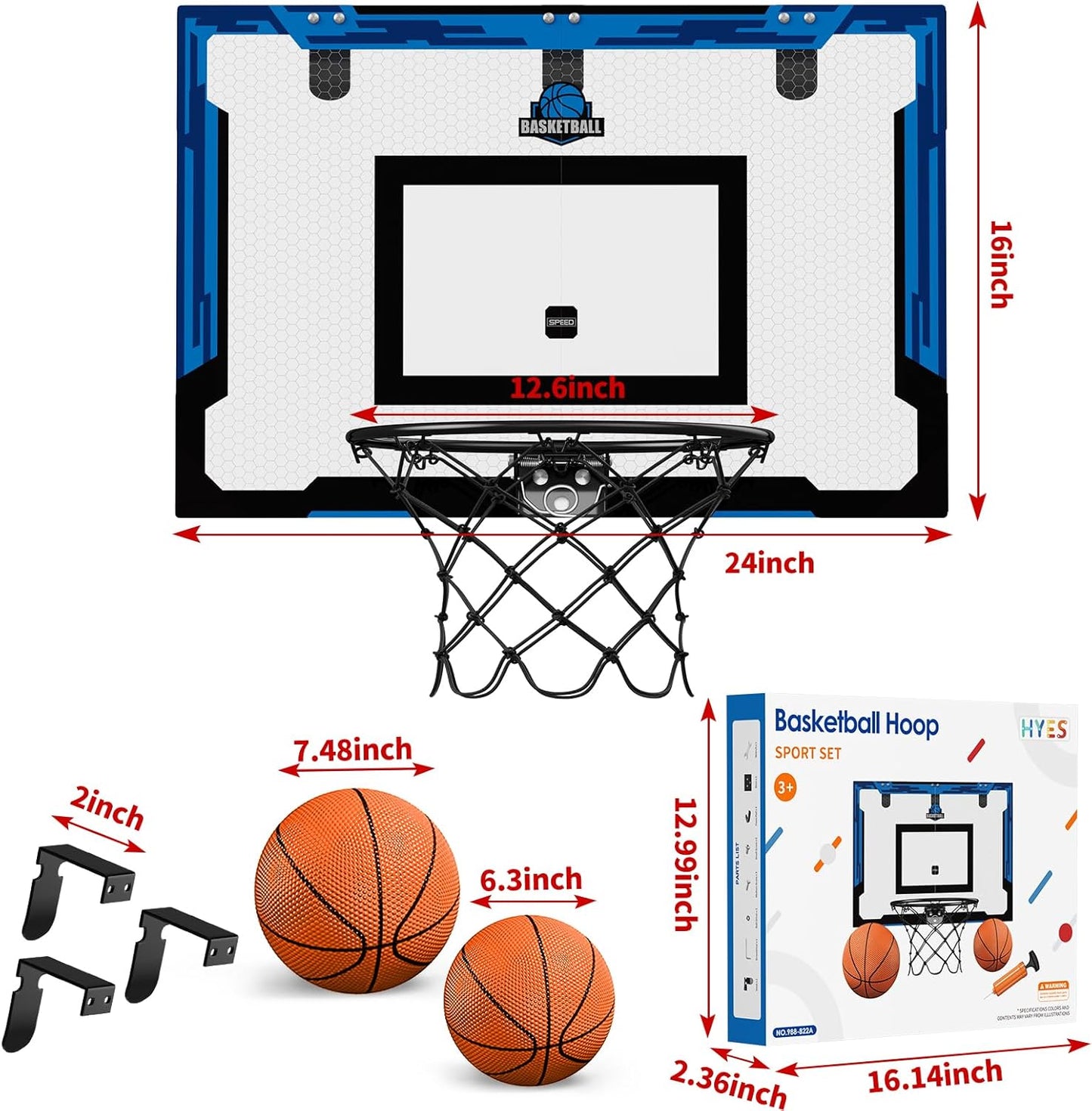 24" x 16" Large Basketball Hoop Indoor for Adults, Over The Door Basketball Hoop with Sturdy Backboard, Big Basketball Toys Gifts Ideas for Man Kids Teens Boys Girls, Black