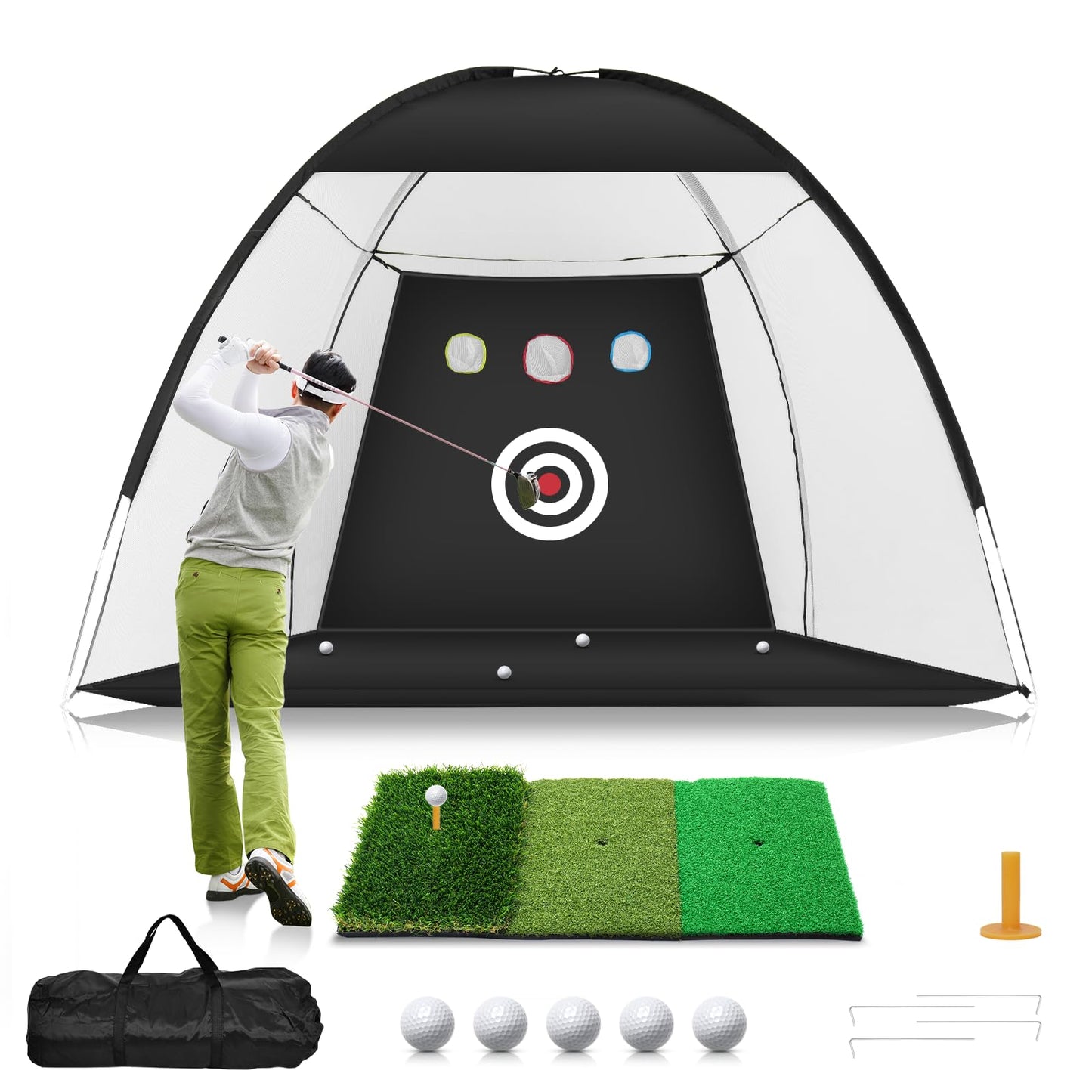 Golf Net, 10x7ft Practice Net with Tri-Turf Mat, All-in-1 Home Golf Hitting Aid for Backyard Driving Chipping Swing Training, Black