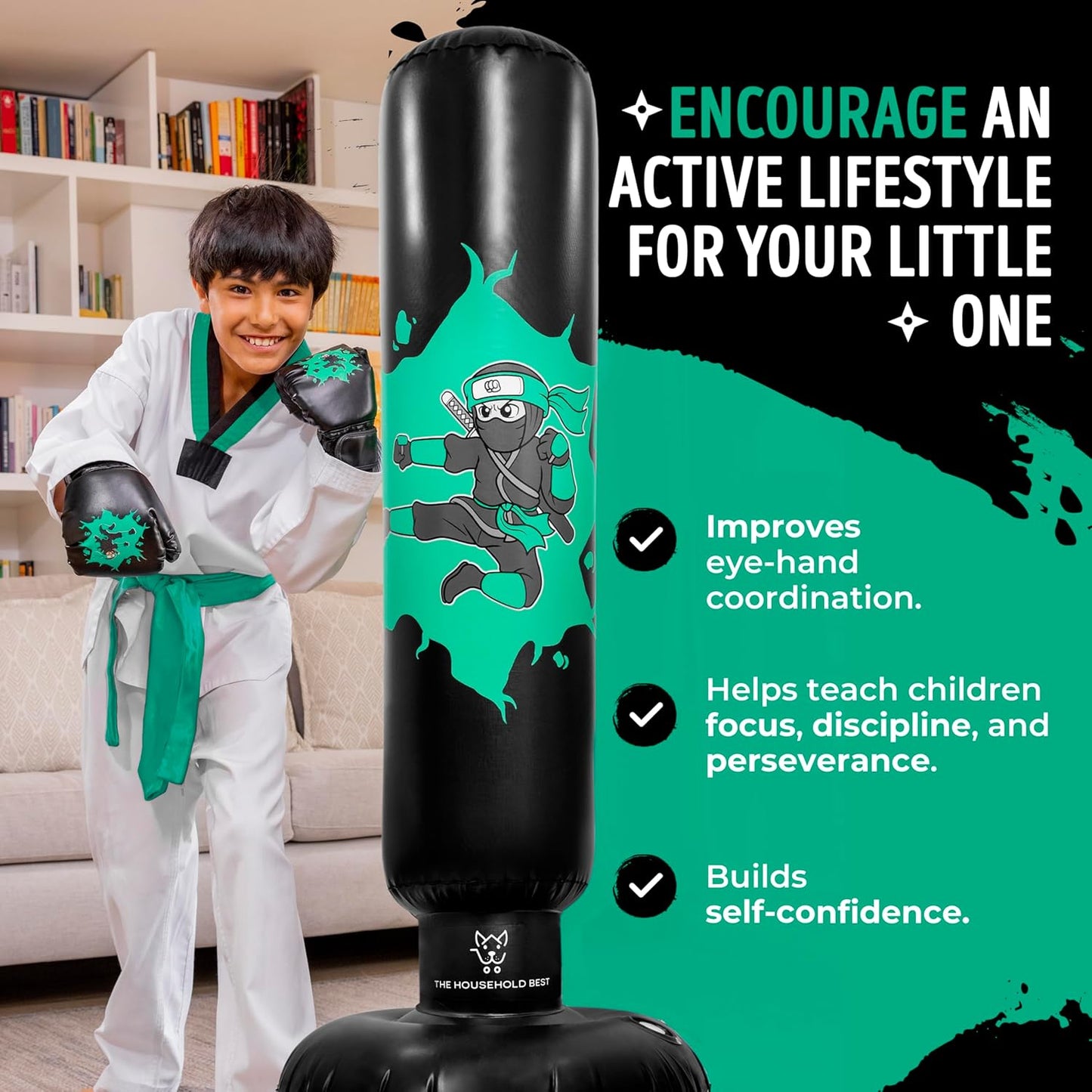 THB Punching Bag for Kids - Inflatable Punching Bag Stand with Boxing Gloves for Kids Age 3-8, 63” Ninja Boxing Bag with Electric Air Pump to Practice Taekwondo, Karate, MMA, Bouncing Back Boxing Set