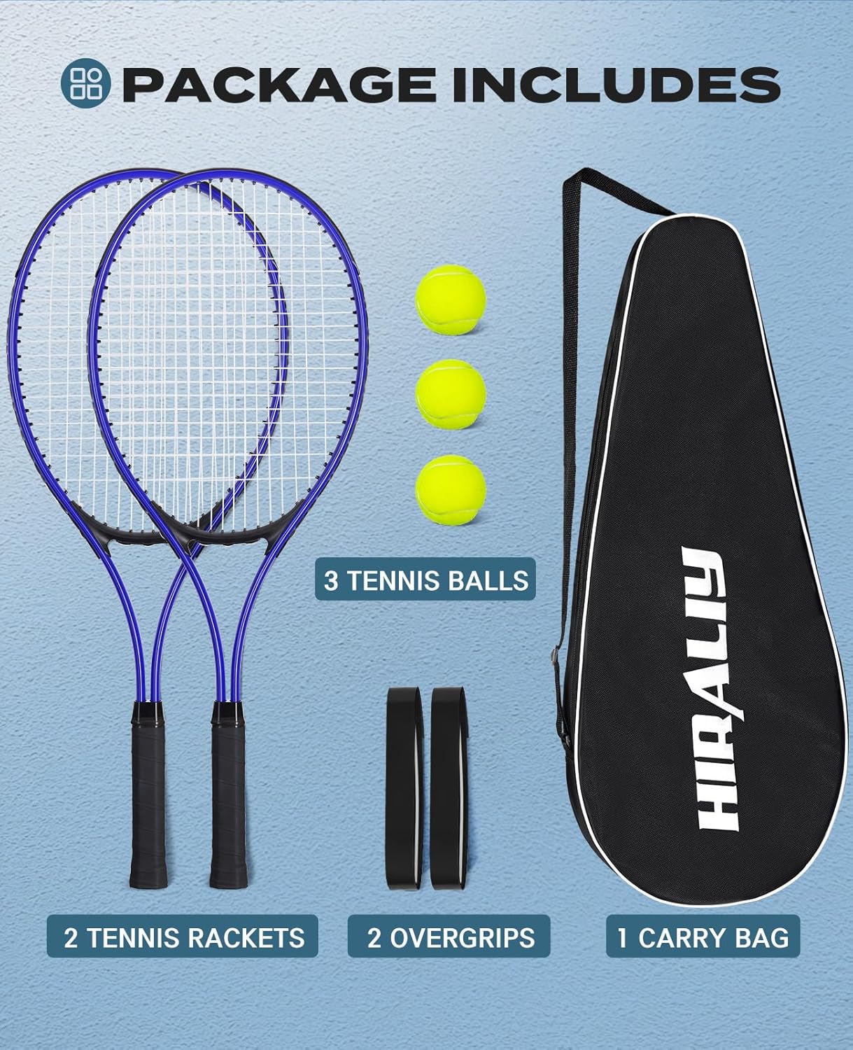HIRALIY 27" Tennis Rackets Set for Adults, 2 Player Pre-Strung Tennis Racquets, 2 Overgrip Tapes,3 Balls, and 4 Carrying Bag, Outdoor Recreational Sport for Beginner, Men, Women