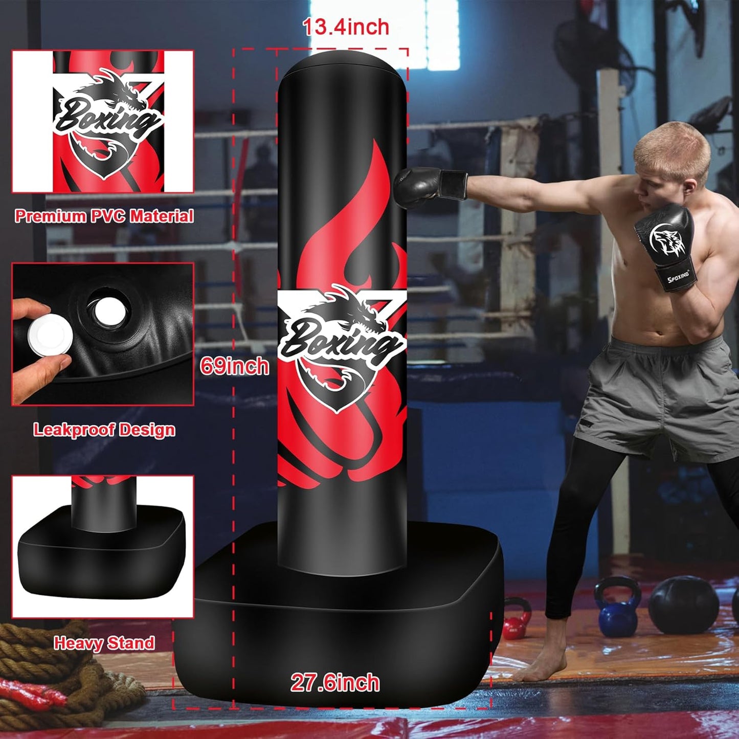Standing Punching Bag for Adult Teens, 70" Freestanding Punching Bag with Boxing Gloves and Electric Air Pump for Beginners Kickboxing Training MMA Muay Thai Fitness Office Home Gym