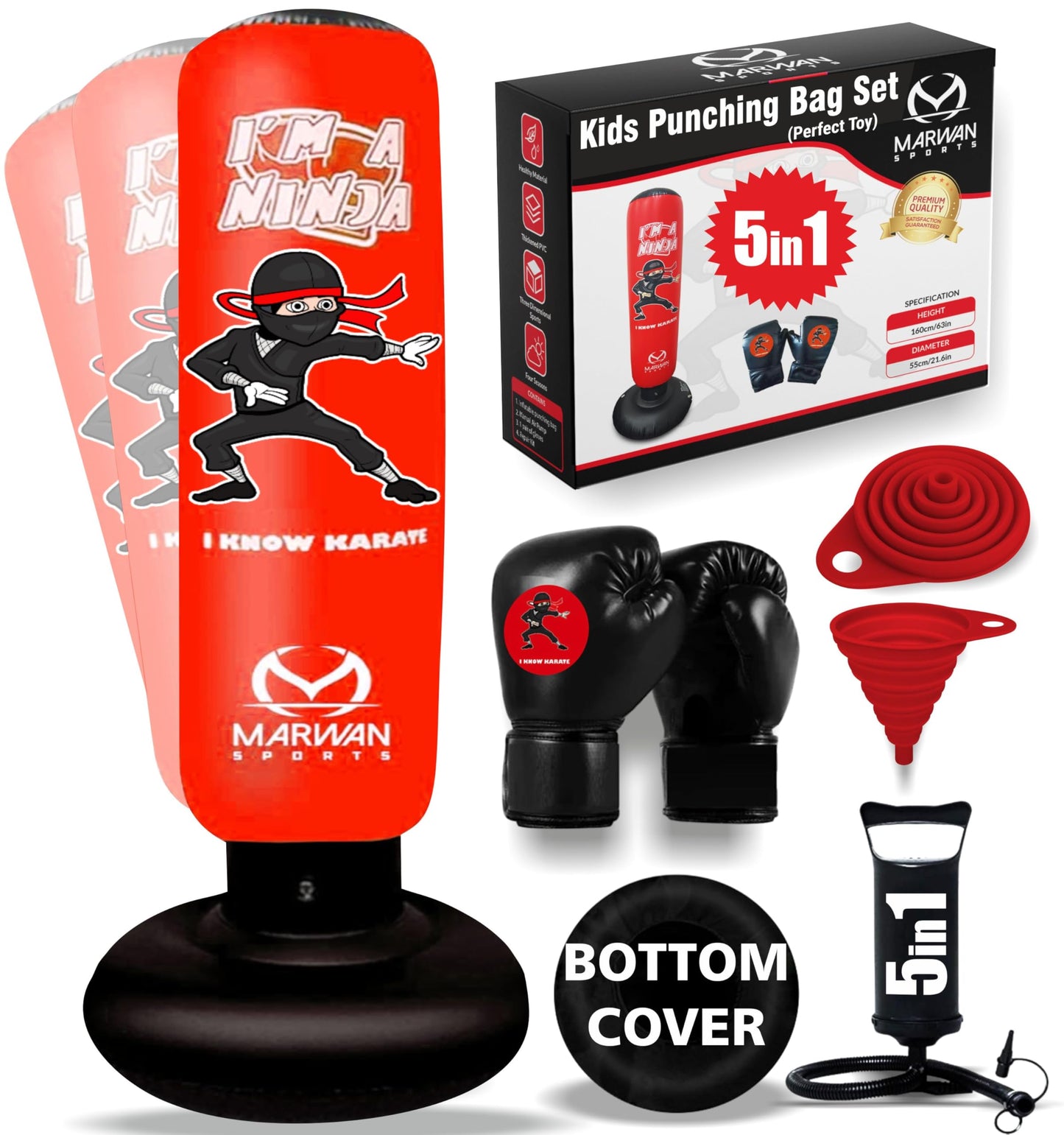 5-in-1 Kids Punching Bag Set – Ultra-Durable, Fast Bounce-Back Inflatable Boxing Bag with Gloves & Air Pump – Exciting & Safe Active Play for Boys Ages 4-12 (Patent Pending)