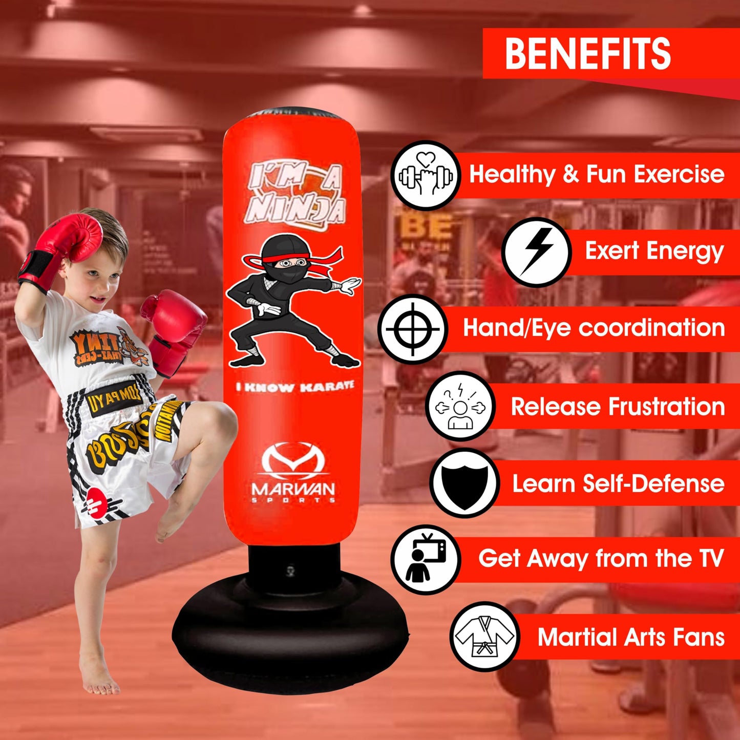 5-in-1 Kids Punching Bag Set – Ultra-Durable, Fast Bounce-Back Inflatable Boxing Bag with Gloves & Air Pump – Exciting & Safe Active Play for Boys Ages 4-12 (Patent Pending)