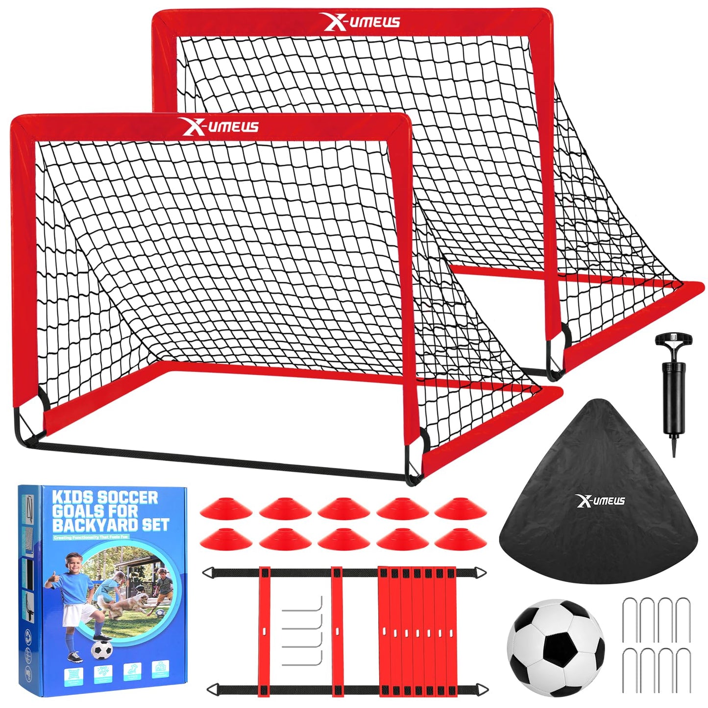 Kids Soccer Goals for Backyard, 4' x 3' Pop Up Toddler Goal Training Equipment with Ball, Agility Ladder and Cones, Portable Nets Backyard Youth Outdoor Sports Games
