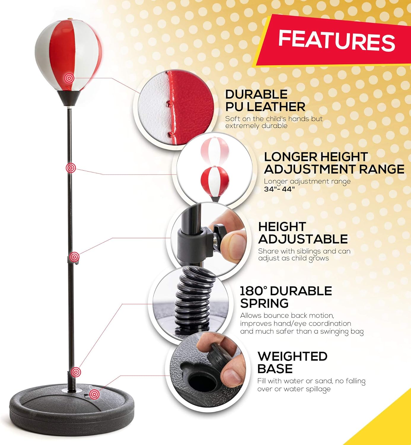 Whoobli Punching Bag for Kids Incl Boxing Gloves | 3-10 Years Old Adjustable Kids Punching Bag with Stand | Boxing Bag Set Toy for Boys & Girls (Red White); New 2025