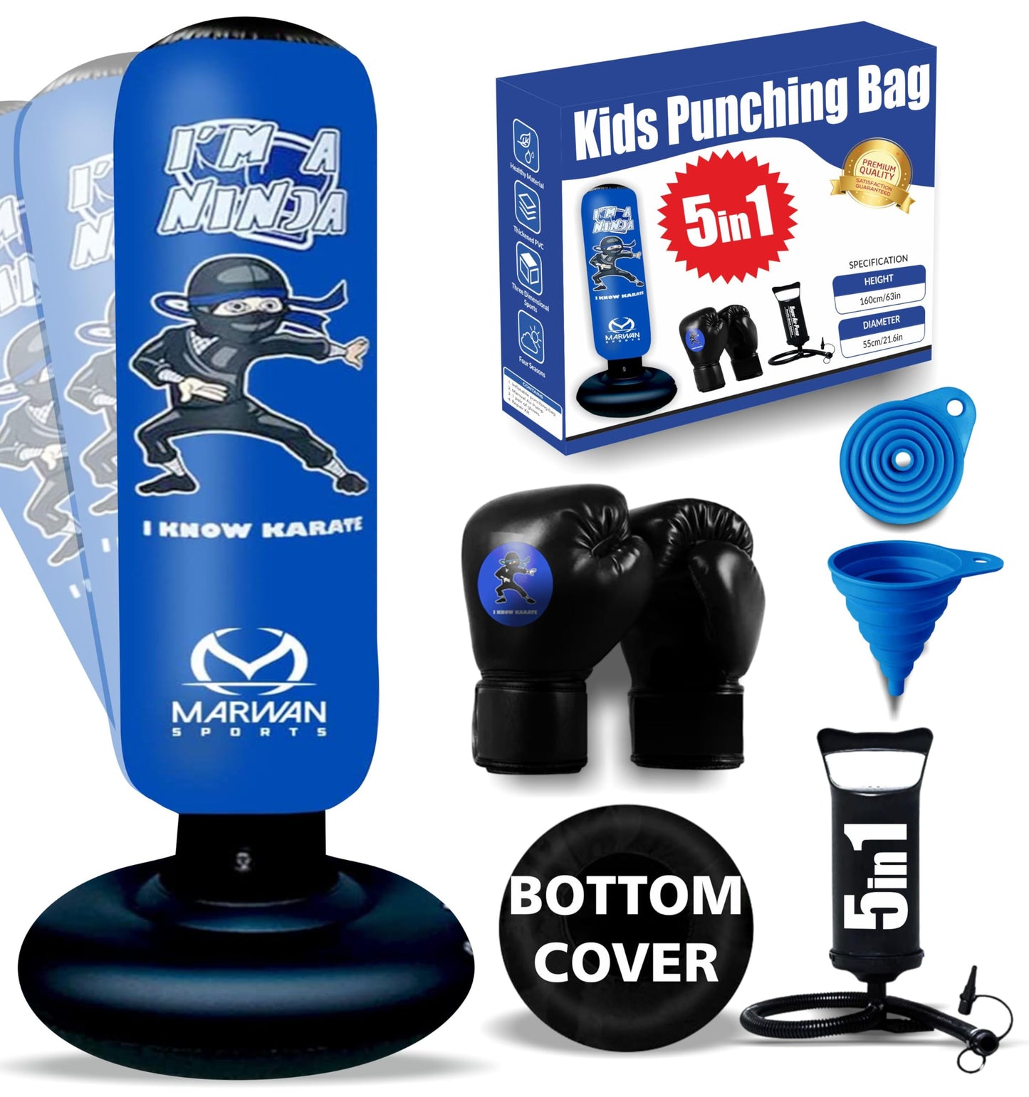 5-in-1 Kids Punching Bag Set – Ultra-Durable, Fast Bounce-Back Inflatable Boxing Bag with Gloves & Air Pump – Exciting & Safe Active Play for Boys Ages 4-12 (Patent Pending)