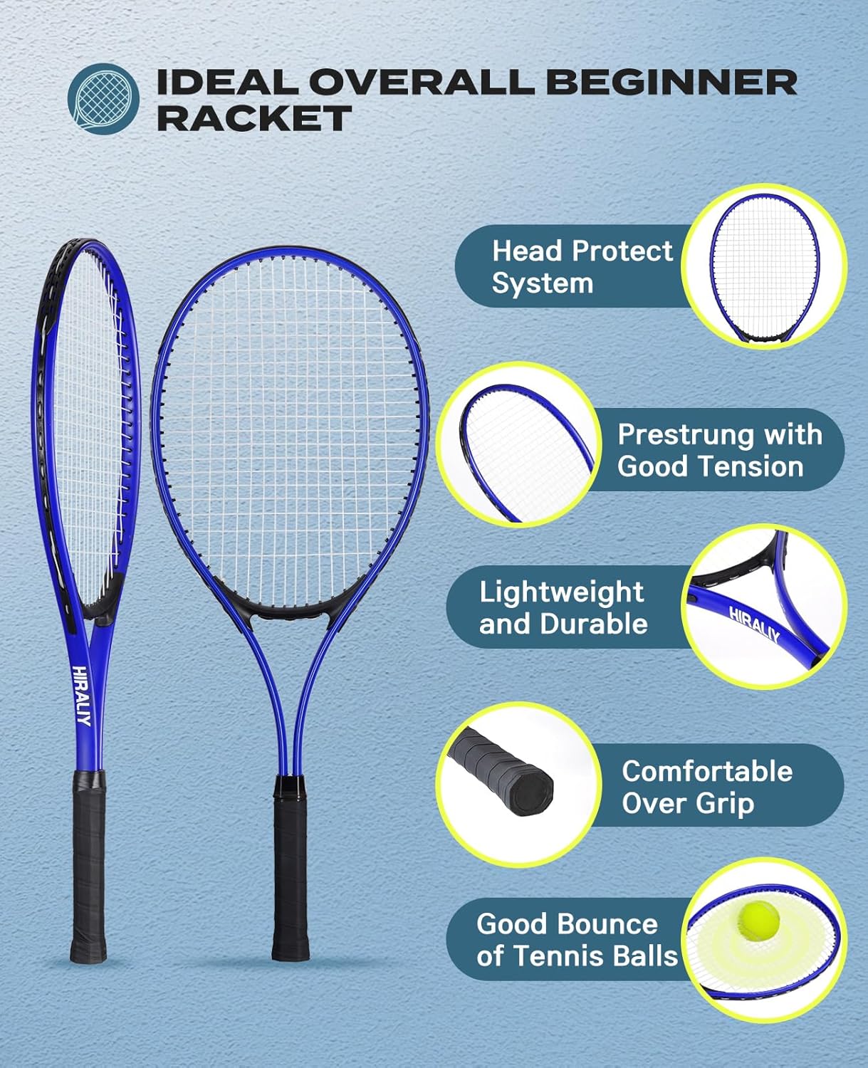 HIRALIY 27" Tennis Rackets Set for Adults, 2 Player Pre-Strung Tennis Racquets, 2 Overgrip Tapes,3 Balls, and 4 Carrying Bag, Outdoor Recreational Sport for Beginner, Men, Women