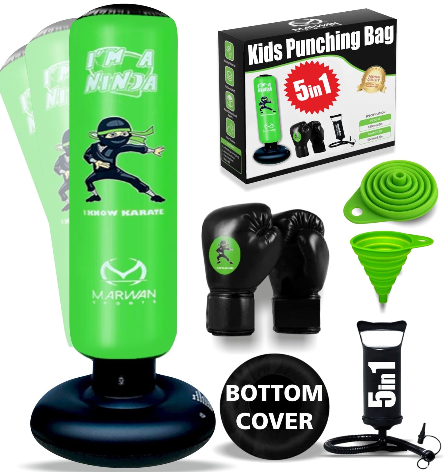 5-in-1 Kids Punching Bag Set – Ultra-Durable, Fast Bounce-Back Inflatable Boxing Bag with Gloves & Air Pump – Exciting & Safe Active Play for Boys Ages 4-12 (Patent Pending)