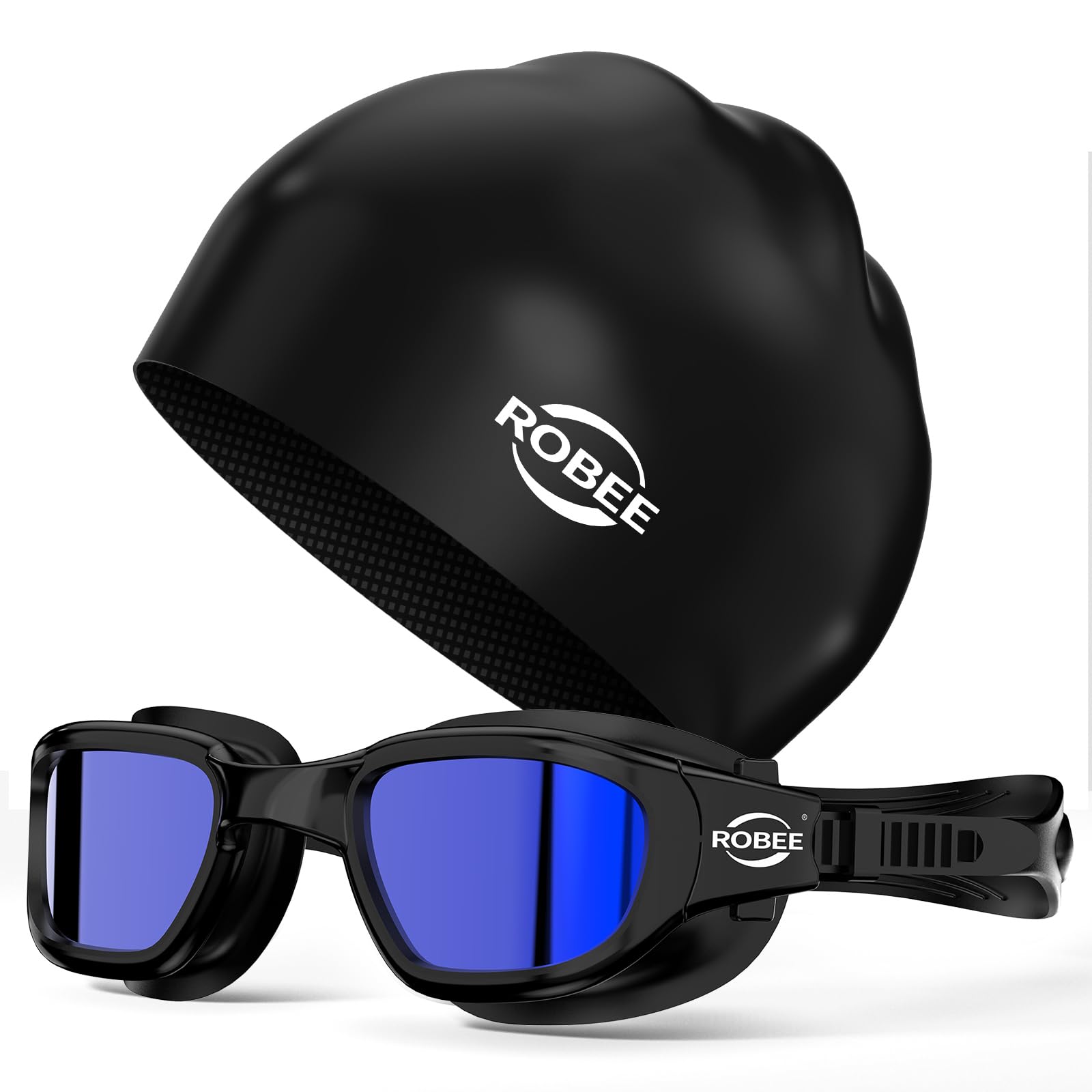 Robee Swim Goggles, Swimming Cap and Goggles Case, Polarized Swimming Goggles Silicone Cap for Adult Men Women
