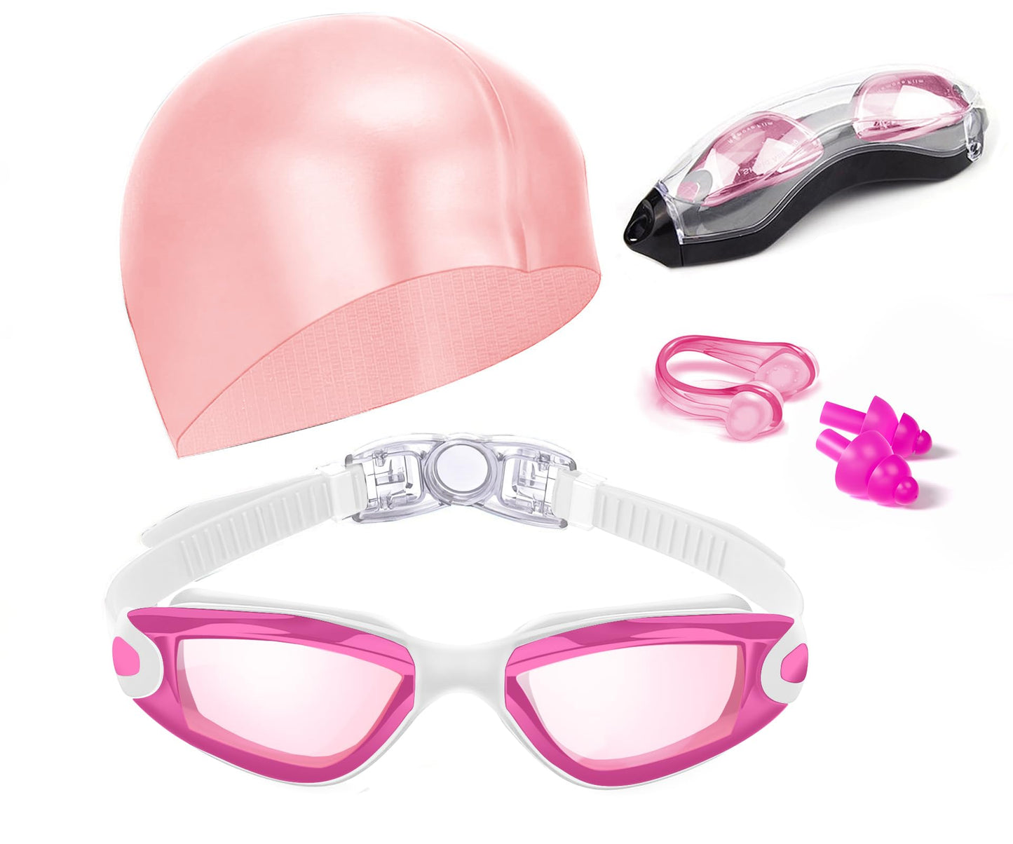 Swim Goggles Swimming Goggles No Leaking with Nose Clip, Earplugs, Swim Cap and Case for Men Women