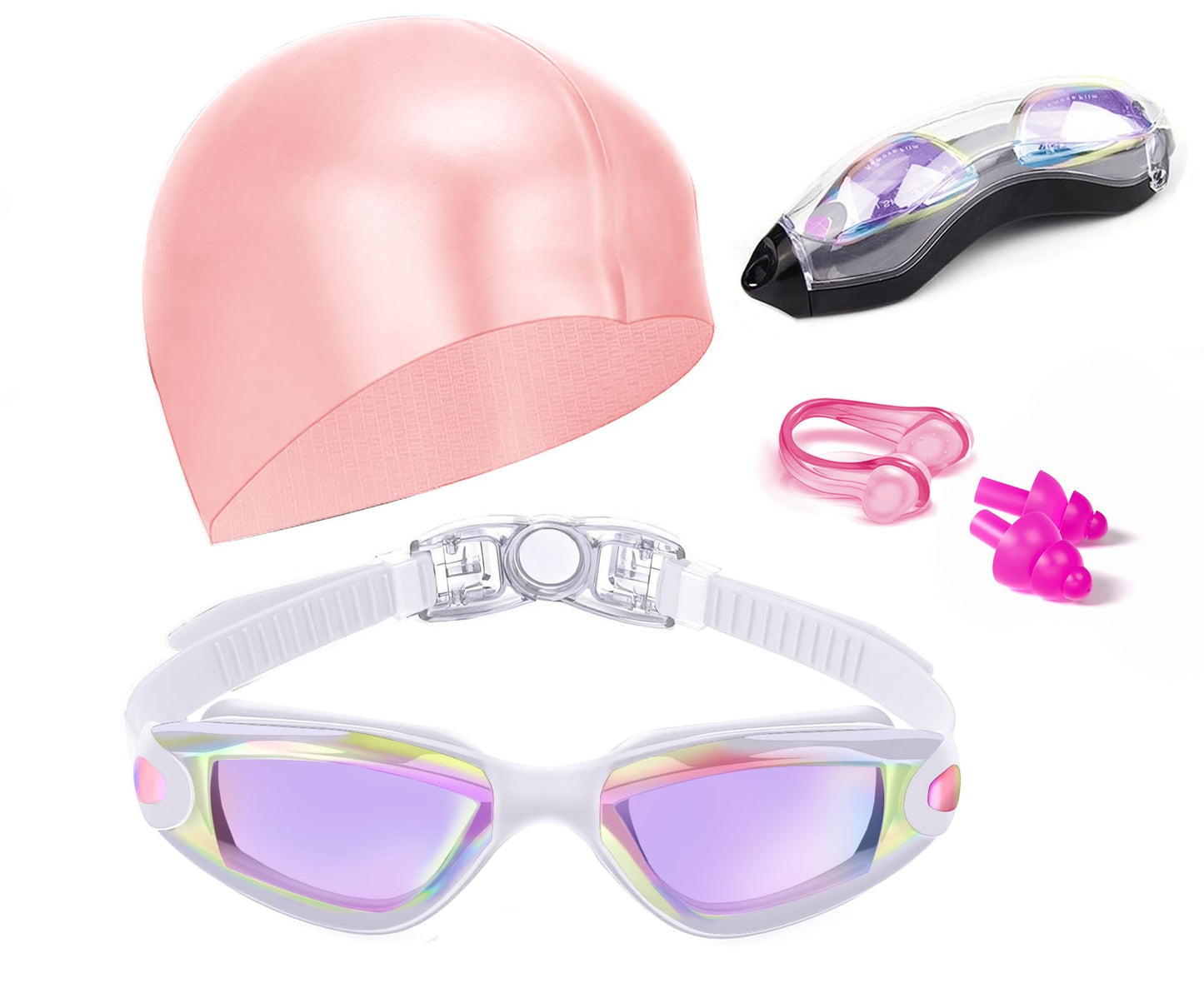 Swim Goggles Swimming Goggles No Leaking with Nose Clip, Earplugs, Swim Cap and Case for Men Women