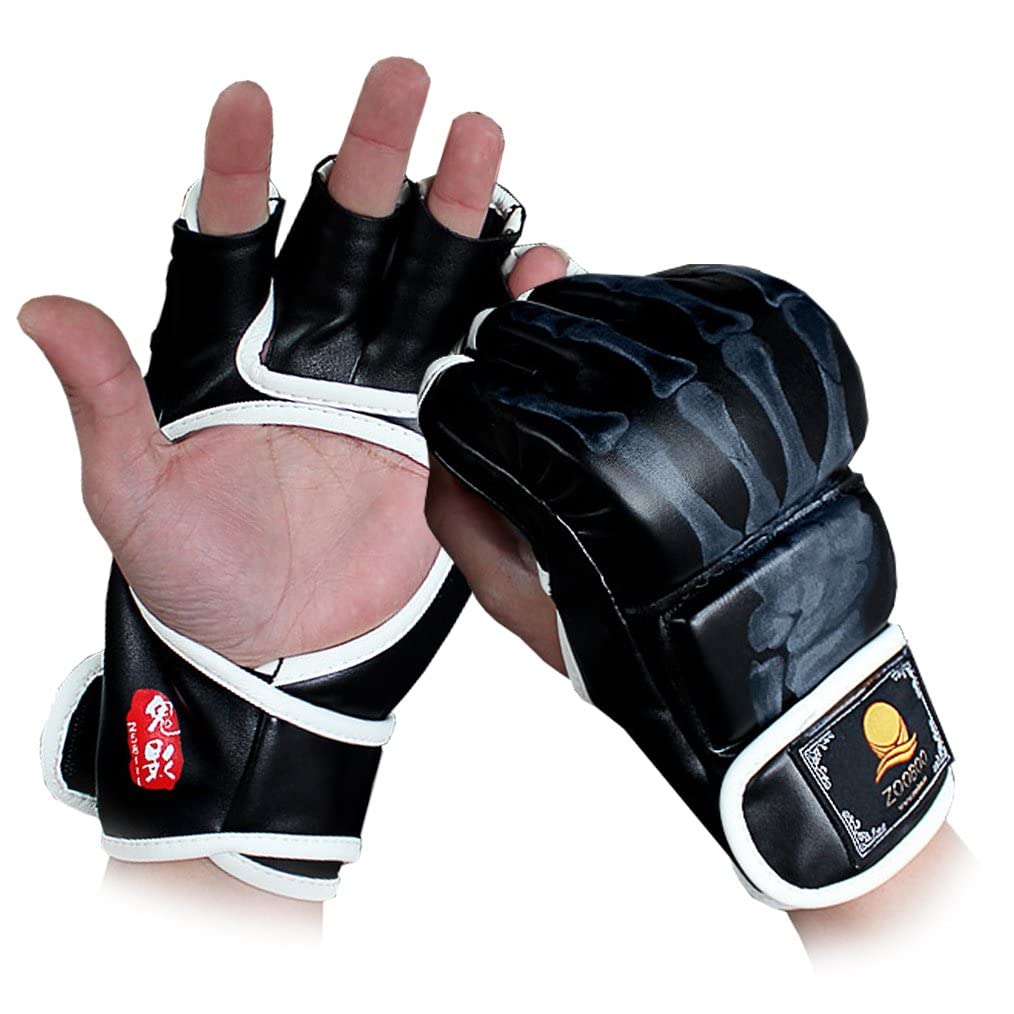 ZooBoo MMA Gloves, Half-Finger Boxing Fight Gloves MMA Mitts with Adjustable Wrist Band UFC Gloves for Sanda Sparring Punching Bag Training (One Size Fits Most)