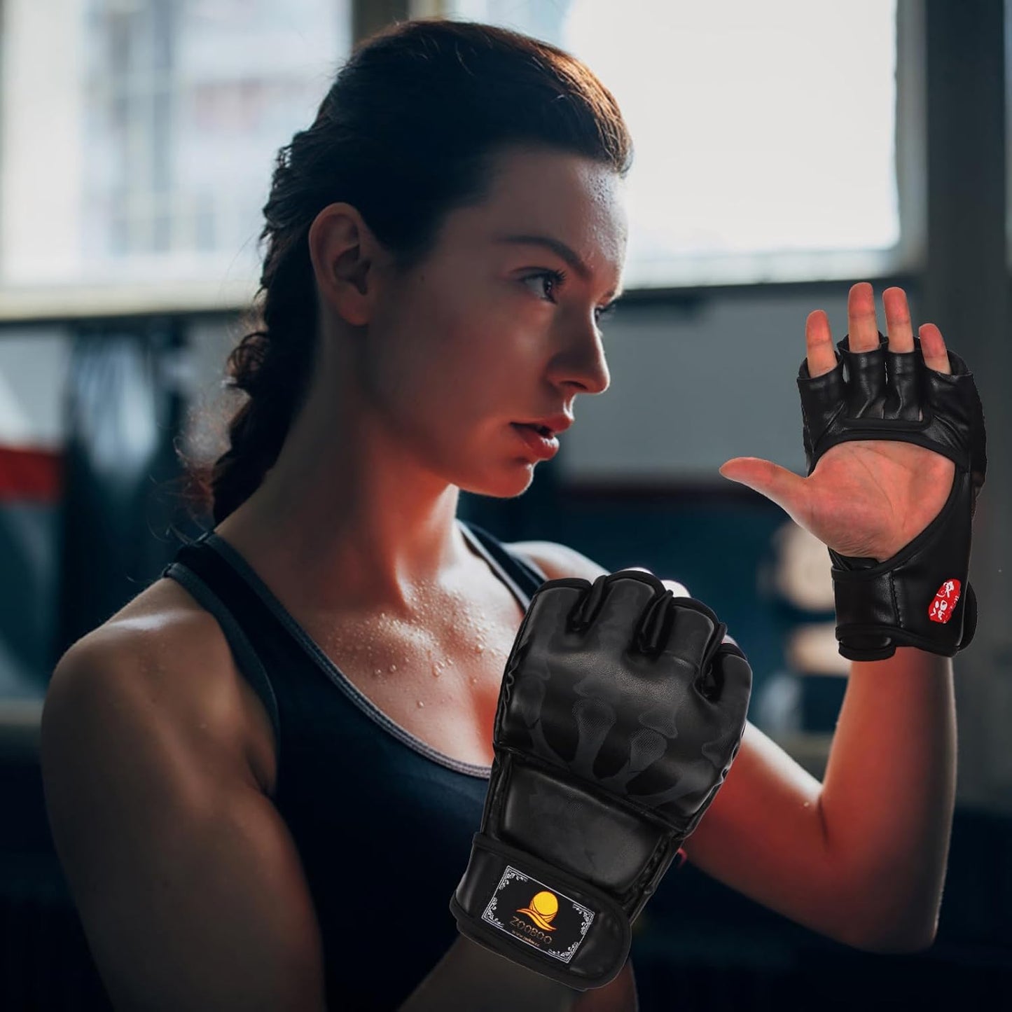 ZooBoo MMA Gloves, Half-Finger Boxing Fight Gloves MMA Mitts with Adjustable Wrist Band UFC Gloves for Sanda Sparring Punching Bag Training (One Size Fits Most)