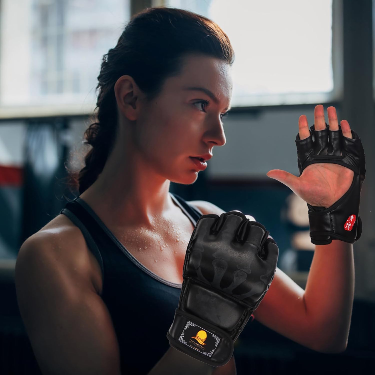 ZooBoo MMA Gloves, Half-Finger Boxing Fight Gloves MMA Mitts with Adjustable Wrist Band UFC Gloves for Sanda Sparring Punching Bag Training (One Size Fits Most)