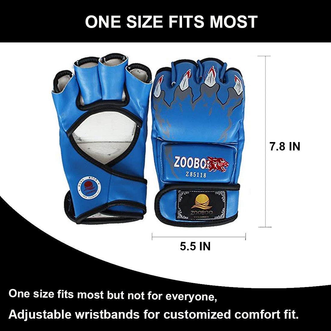ZooBoo MMA Gloves, Half-Finger Boxing Fight Gloves MMA Mitts with Adjustable Wrist Band UFC Gloves for Sanda Sparring Punching Bag Training (One Size Fits Most)