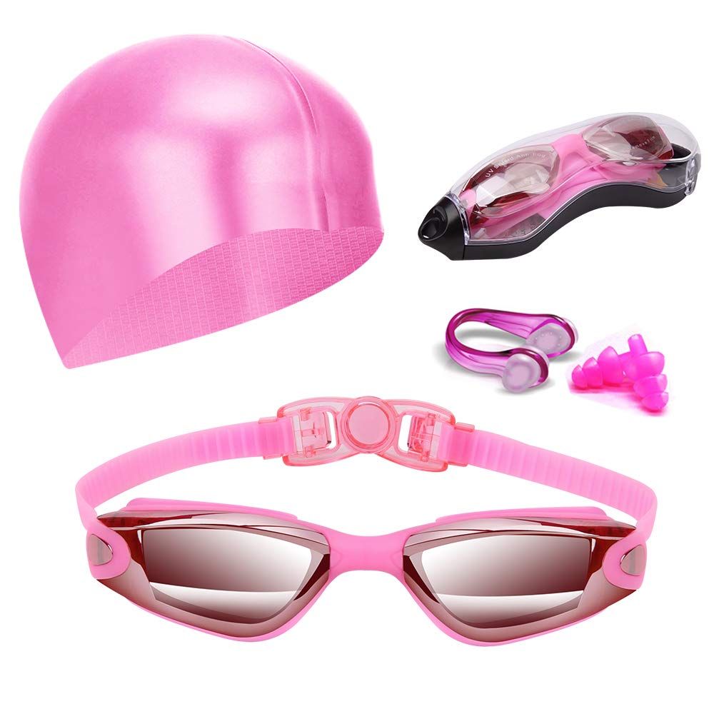 Swim Goggles Swimming Goggles No Leaking with Nose Clip, Earplugs, Swim Cap and Case for Men Women