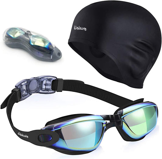 Swimming Goggles Swimming Cap Set Swim Glasses Silicone Swim hat Pack for Adults with Anti Fog Glasses for Swimming