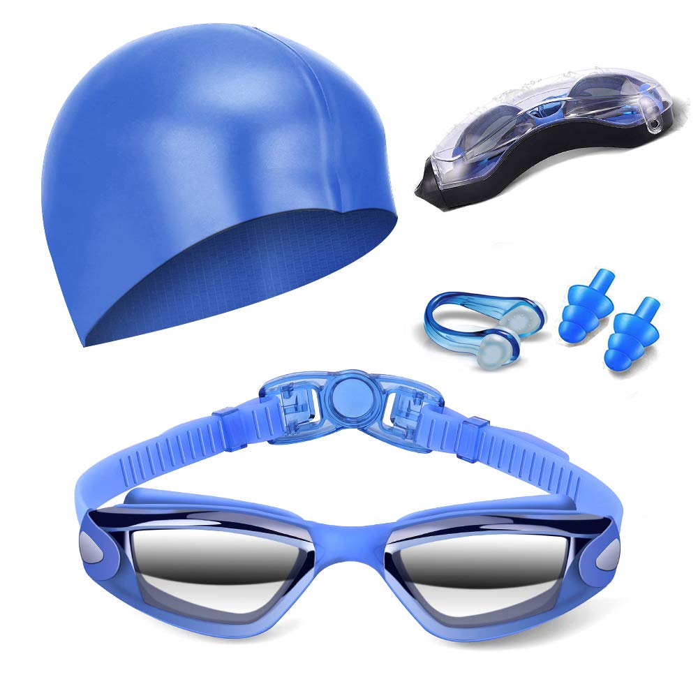Swim Goggles Swimming Goggles No Leaking with Nose Clip, Earplugs, Swim Cap and Case for Men Women