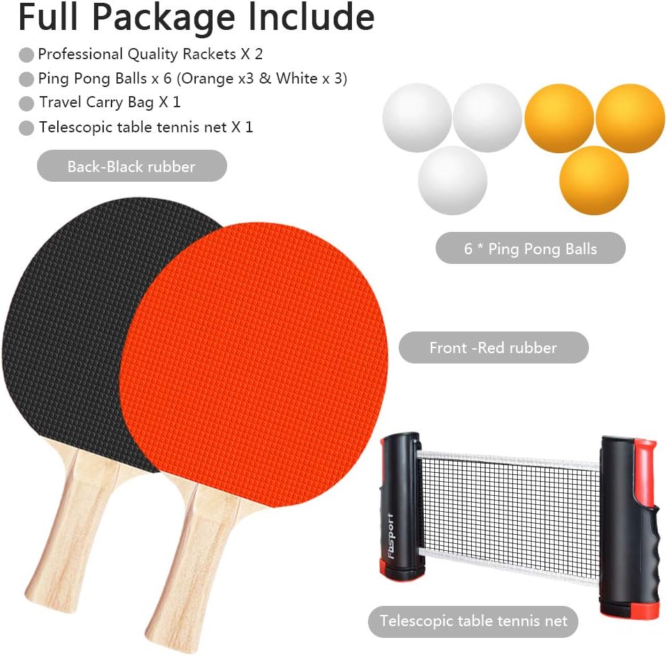 FBSPORT Ping Pong Paddle Set, Portable Table Tennis Set with Retractable Net,Rackets,Balls and Carry Bag for Indoor/Outdoor Games