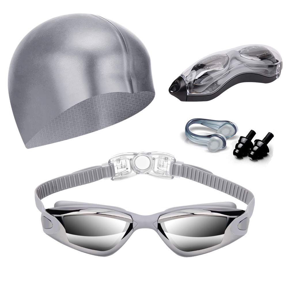 Swim Goggles Swimming Goggles No Leaking with Nose Clip, Earplugs, Swim Cap and Case for Men Women