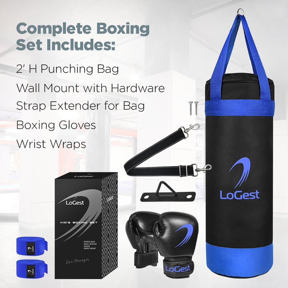 LoGest Punching Bag for Kids Boxing Set - Suitable for Kids Punching Bags 3-8 Years of Age - Boxing Gloves & Hand Wraps Included - Youth Children Boxing MMA Kickboxing Muay Thai Karate Punching Bag
