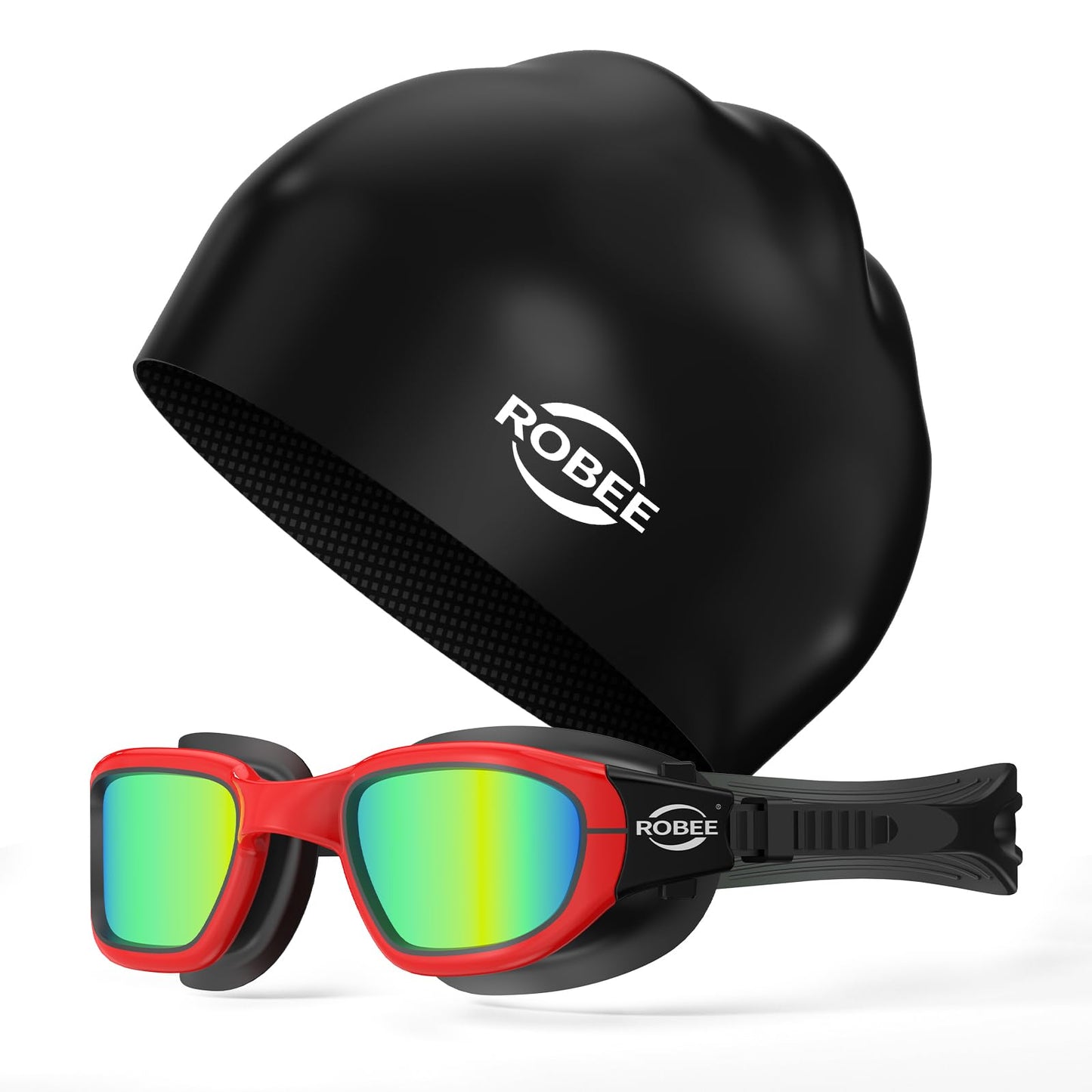 Robee Swim Goggles, Swimming Cap and Goggles Case, Polarized Swimming Goggles Silicone Cap for Adult Men Women