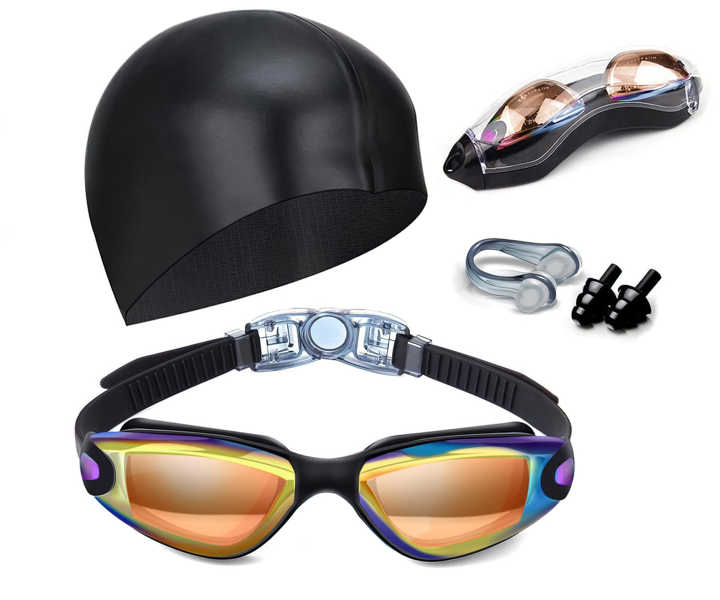 Swim Goggles Swimming Goggles No Leaking with Nose Clip, Earplugs, Swim Cap and Case for Men Women