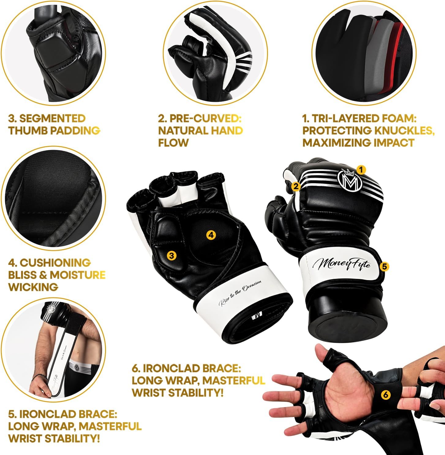 Crown MMA Gloves for Men & Women Martial Arts Punching Bag Gloves, UFC Grappling Fighting & Kickboxing Gloves Pre-Curved Half Finger Boxing Sparring Glove