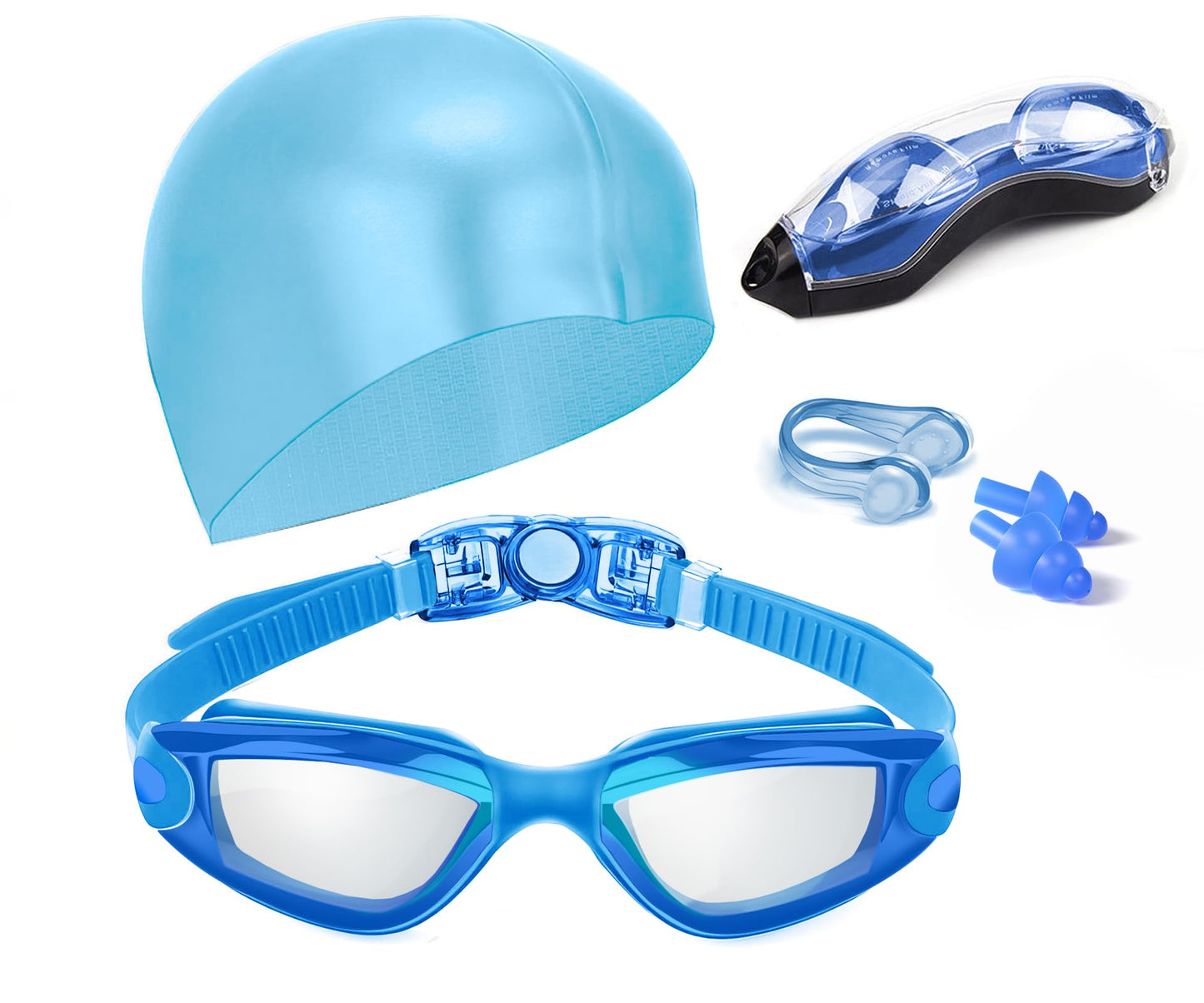 Swim Goggles Swimming Goggles No Leaking with Nose Clip, Earplugs, Swim Cap and Case for Men Women