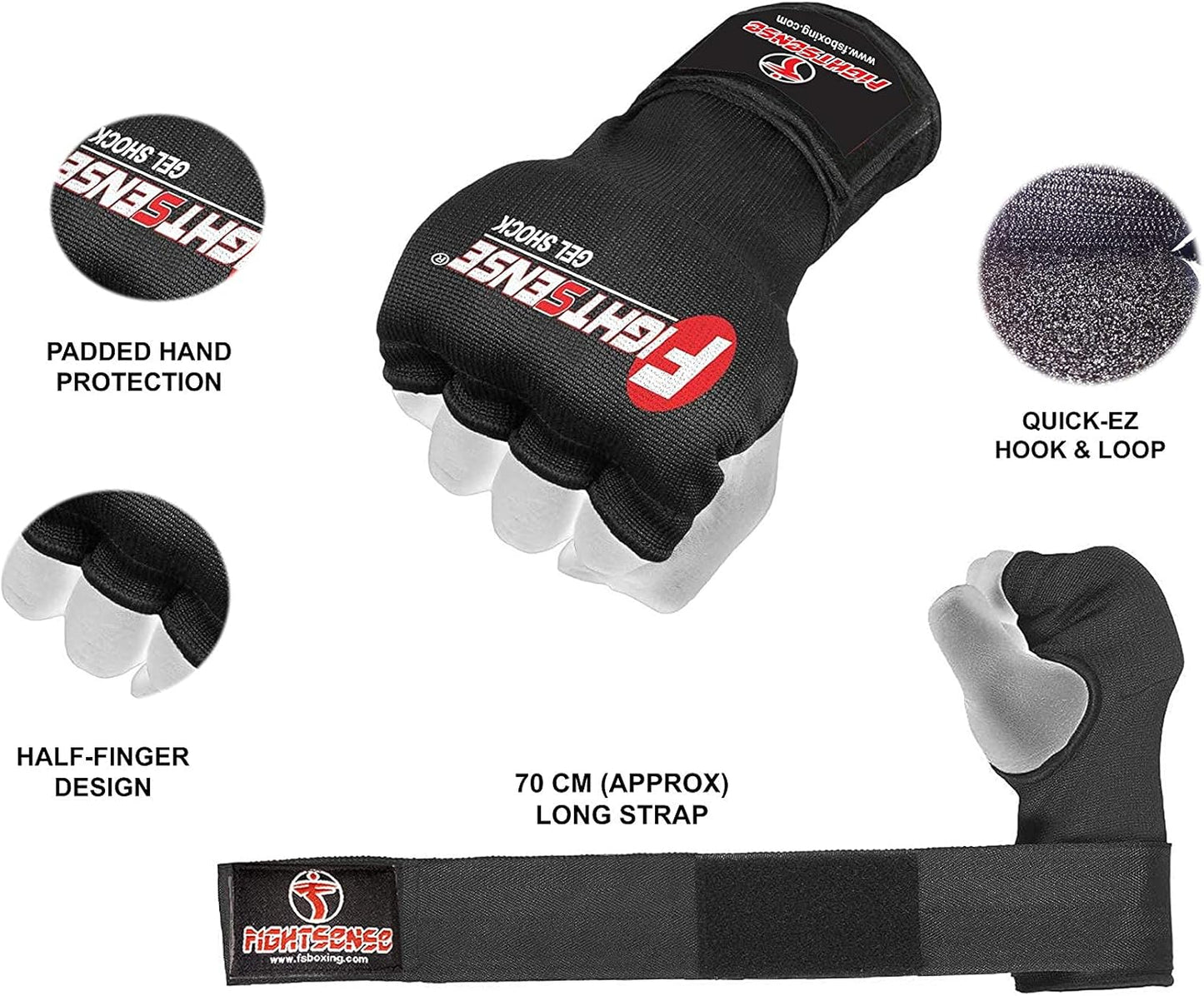 FIGHTSENSE Padded Gel Inner Boxing Gloves for Men and Women with Long Elasticated Hand Wraps for Punching, Boxing, MMA, Muay Thai, Kickboxing and Martial Arts Training (Pair)