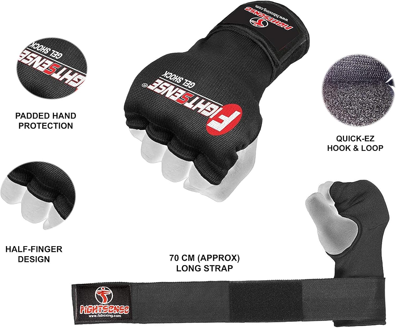 FIGHTSENSE Padded Gel Inner Boxing Gloves for Men and Women with Long Elasticated Hand Wraps for Punching, Boxing, MMA, Muay Thai, Kickboxing and Martial Arts Training (Pair)