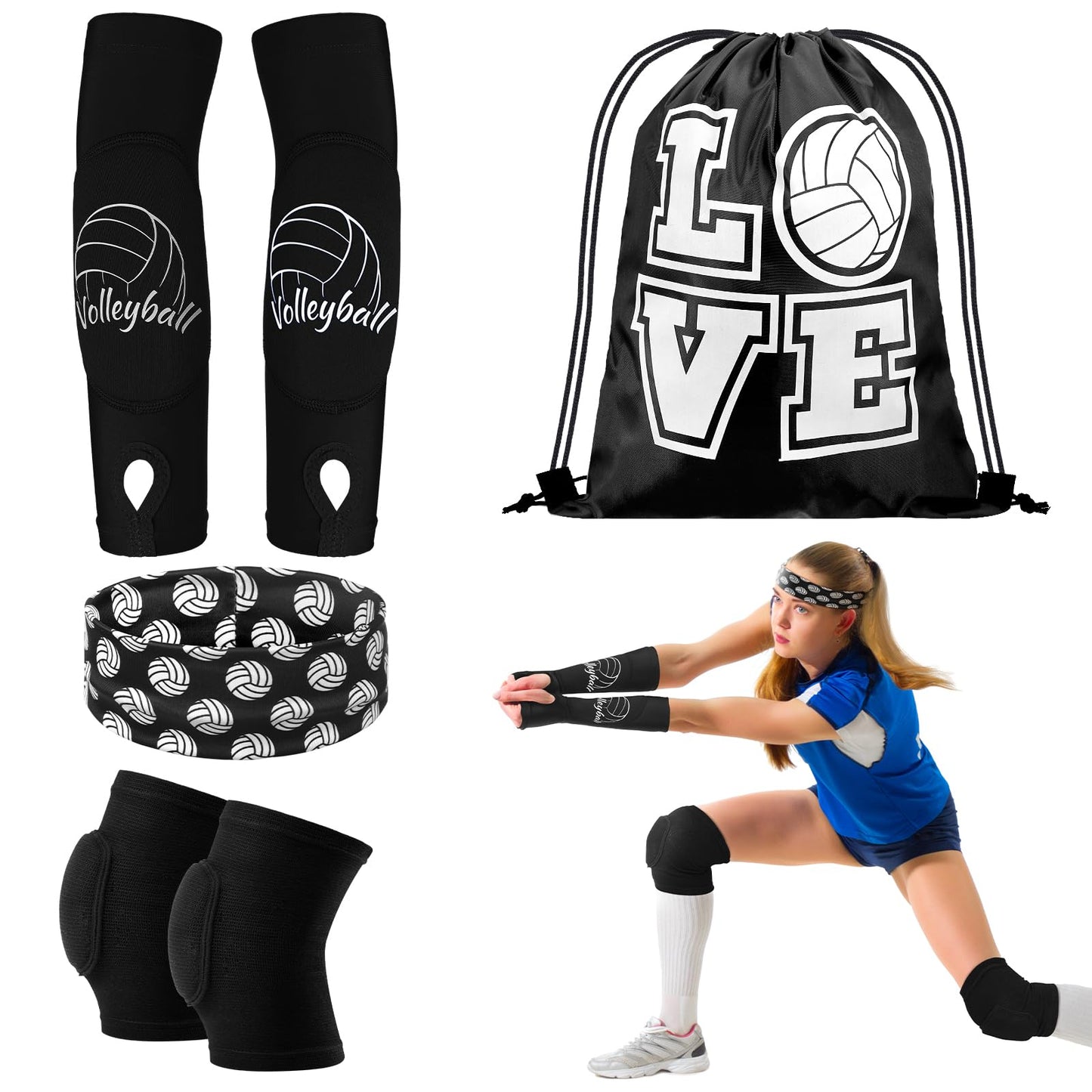 Yinder 4 Pcs Volleyball Accessories Include Knee Pads ,Arm Sleeves , Drawstring Bag,Softball Headbands for Women Volleyball Training Dance