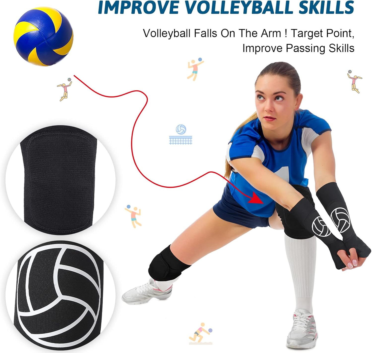 Hungdao Volleyball Knee Pads and Volleyball Arm Sleeves Volleyball Pads Forearm Elbow Sleeve Volleyball Train Accessories with Protection Pad Thumb Hole for Girl Women Youth Teen, Age 8-14