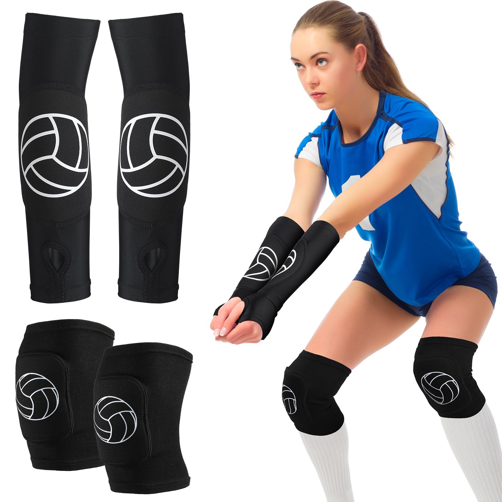 Hungdao Volleyball Knee Pads and Volleyball Arm Sleeves Volleyball Pads Forearm Elbow Sleeve Volleyball Train Accessories with Protection Pad Thumb Hole for Girl Women Youth Teen, Age 8-14