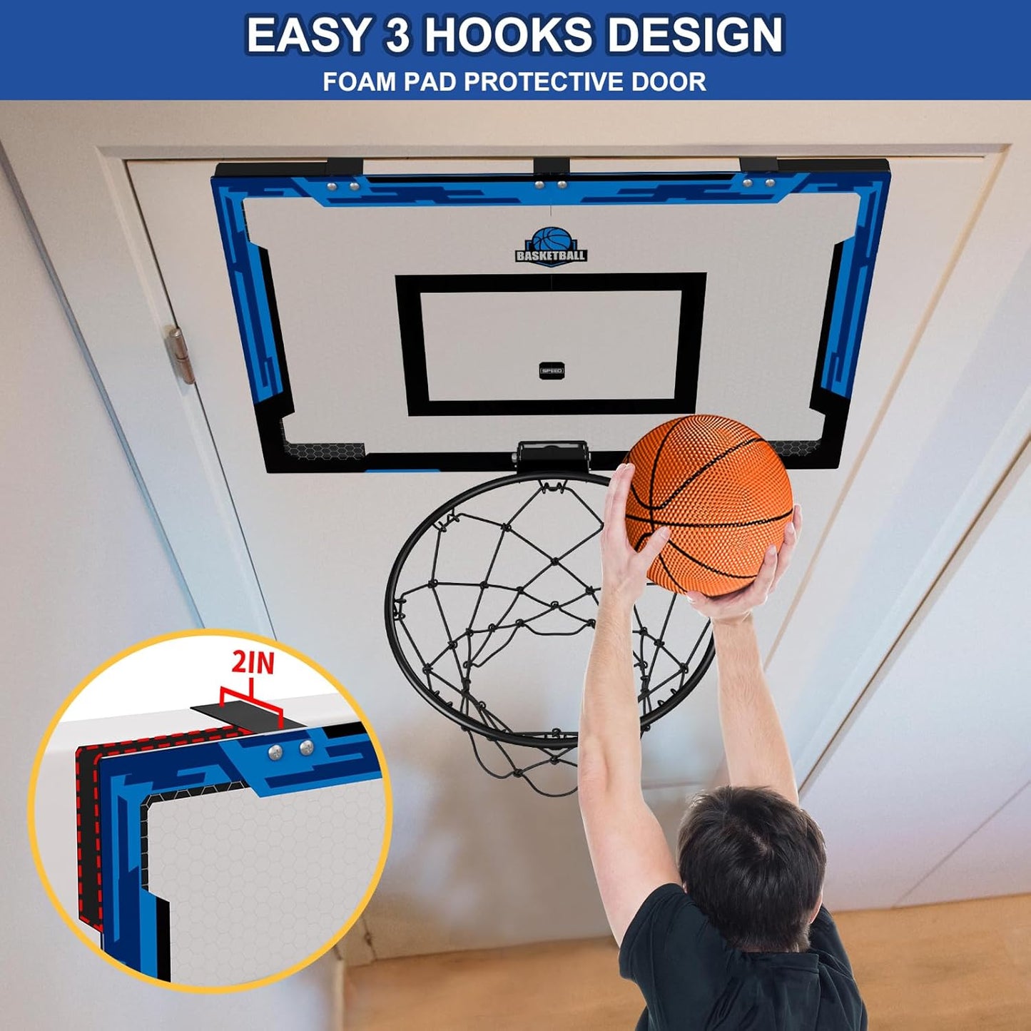 24" x 16" Large Basketball Hoop Indoor for Adults, Over The Door Basketball Hoop with Sturdy Backboard, Big Basketball Toys Gifts Ideas for Man Kids Teens Boys Girls, Black