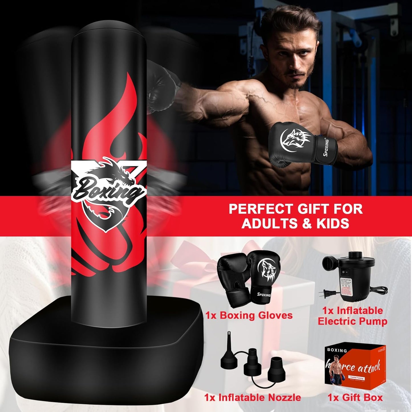 Standing Punching Bag for Adult Teens, 70" Freestanding Punching Bag with Boxing Gloves and Electric Air Pump for Beginners Kickboxing Training MMA Muay Thai Fitness Office Home Gym