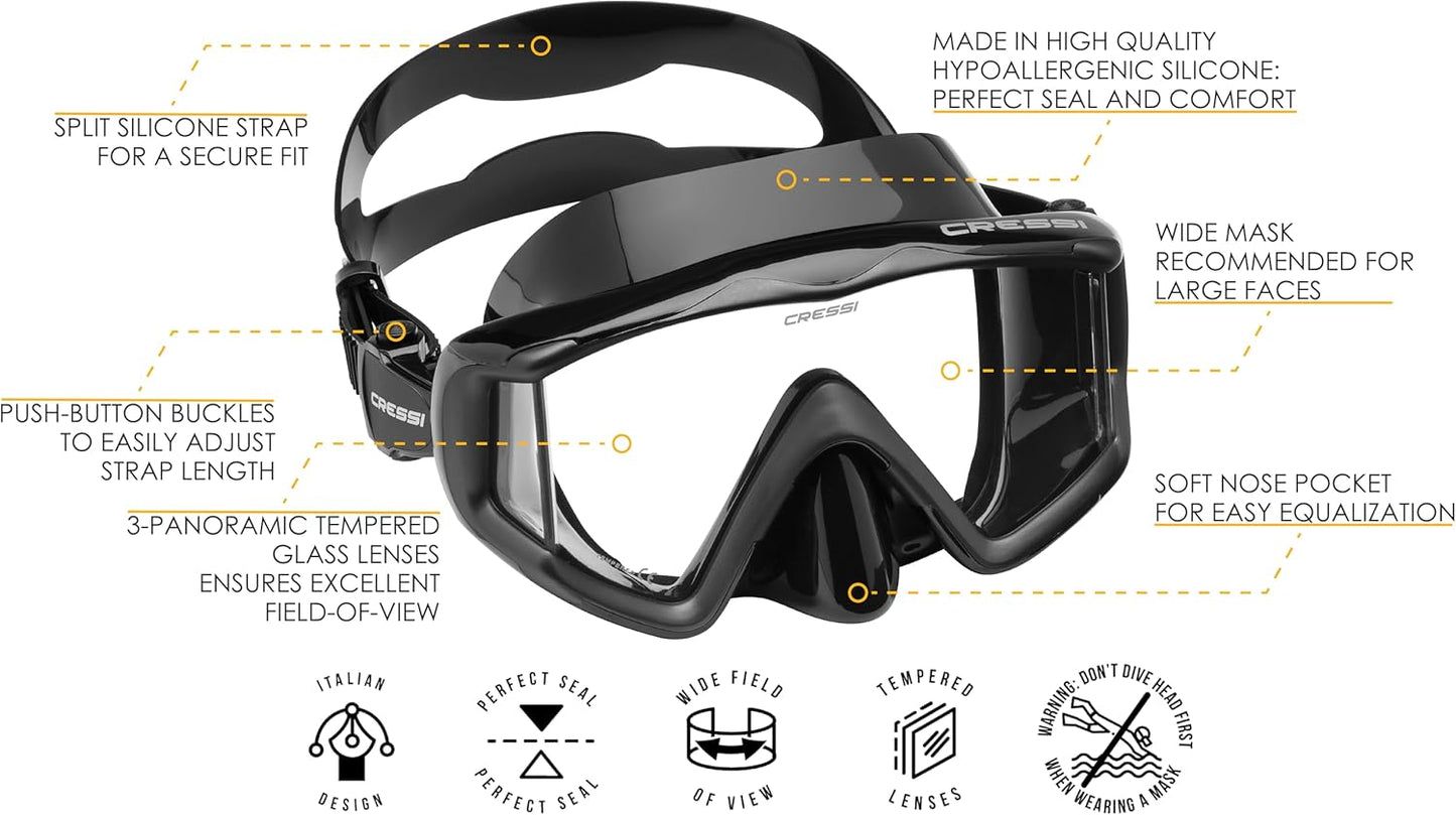 Cressi Perfect View Scuba Diving, Snorkeling Mask in Pure Comfortable Silicone - Available with Different Panoramic Lenses - Liberty Triside: Designed in Italy